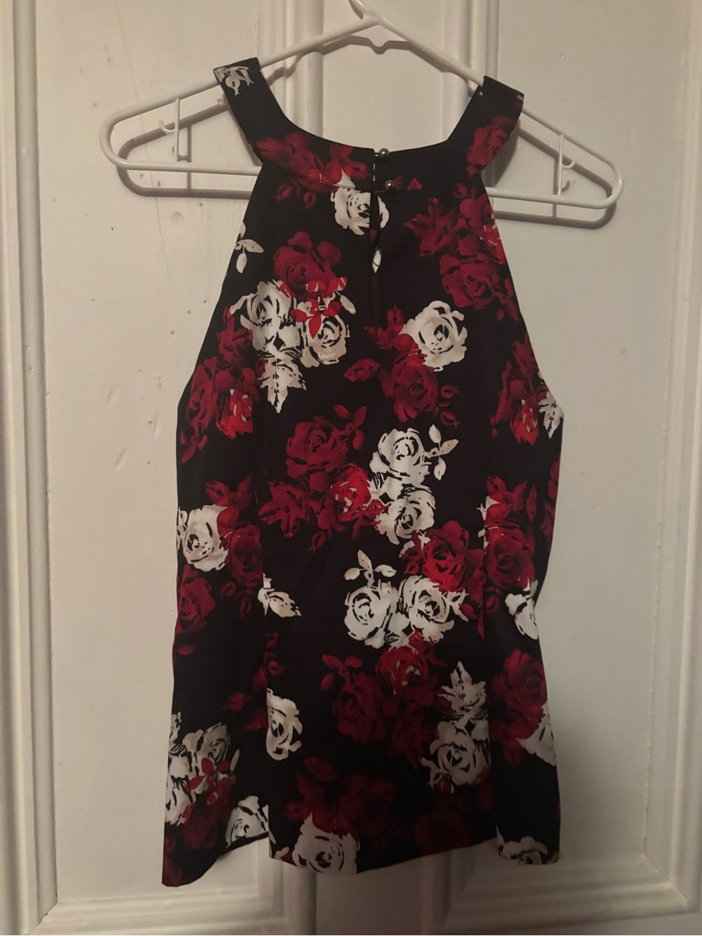 White House Black Market Black Halter Camisole with Red and White Floral Print